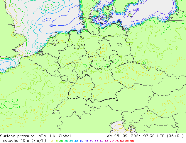 Isotachs (kph) UK-Global We 25.09.2024 07 UTC