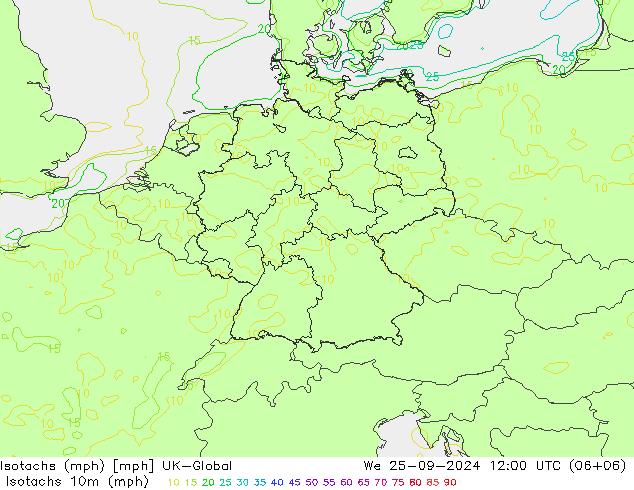 Isotachen (mph) UK-Global wo 25.09.2024 12 UTC