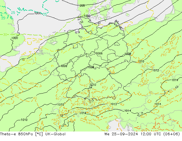 Theta-e 850hPa UK-Global We 25.09.2024 12 UTC
