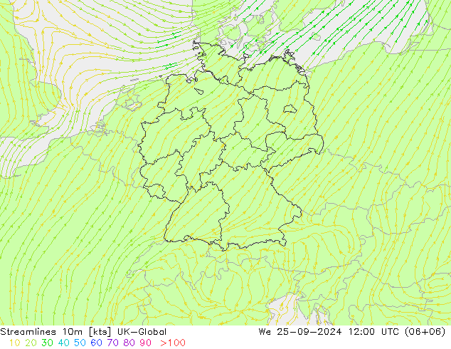 Streamlines 10m UK-Global We 25.09.2024 12 UTC