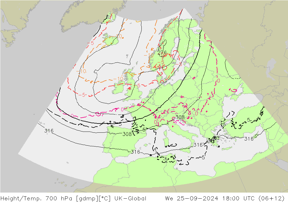 Height/Temp. 700 hPa UK-Global mer 25.09.2024 18 UTC