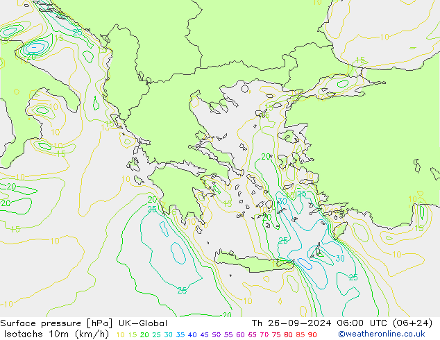 Isotachs (kph) UK-Global gio 26.09.2024 06 UTC