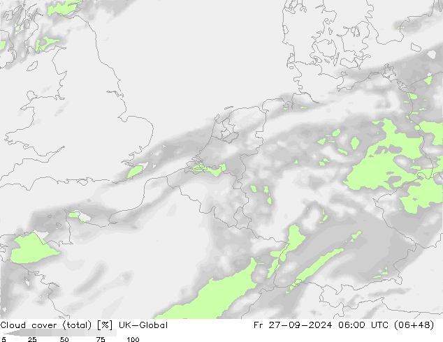 Cloud cover (total) UK-Global Fr 27.09.2024 06 UTC