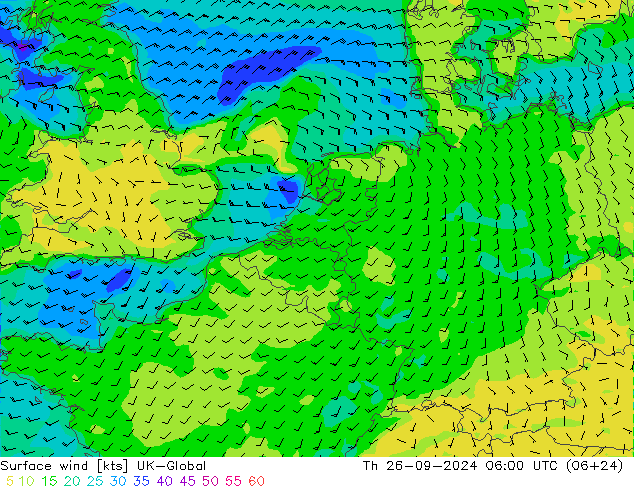 Surface wind UK-Global Th 26.09.2024 06 UTC