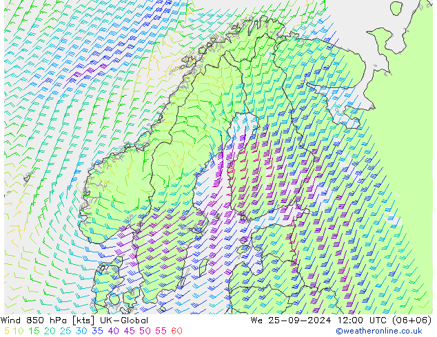 Wind 850 hPa UK-Global We 25.09.2024 12 UTC