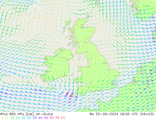 Wind 850 hPa UK-Global We 25.09.2024 09 UTC