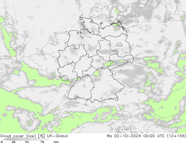 Cloud cover (low) UK-Global We 02.10.2024 00 UTC