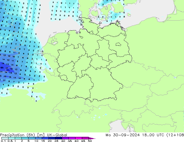 Precipitation (6h) UK-Global Mo 30.09.2024 00 UTC