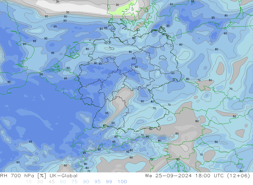 RH 700 гПа UK-Global ср 25.09.2024 18 UTC