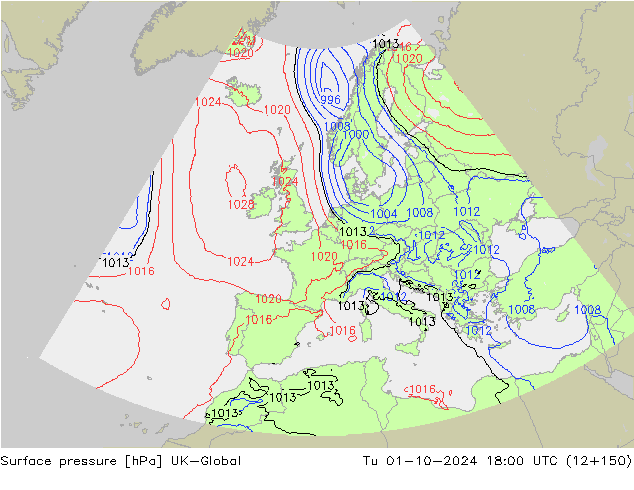 Surface pressure UK-Global Tu 01.10.2024 18 UTC