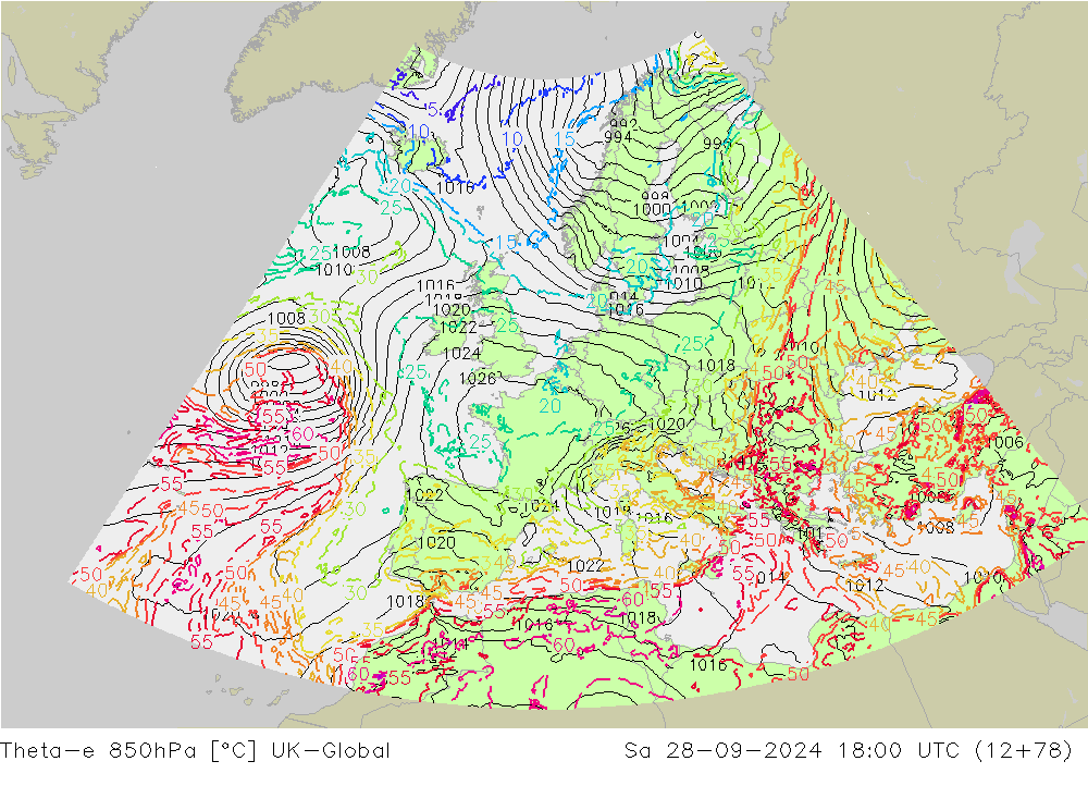 Theta-e 850hPa UK-Global so. 28.09.2024 18 UTC