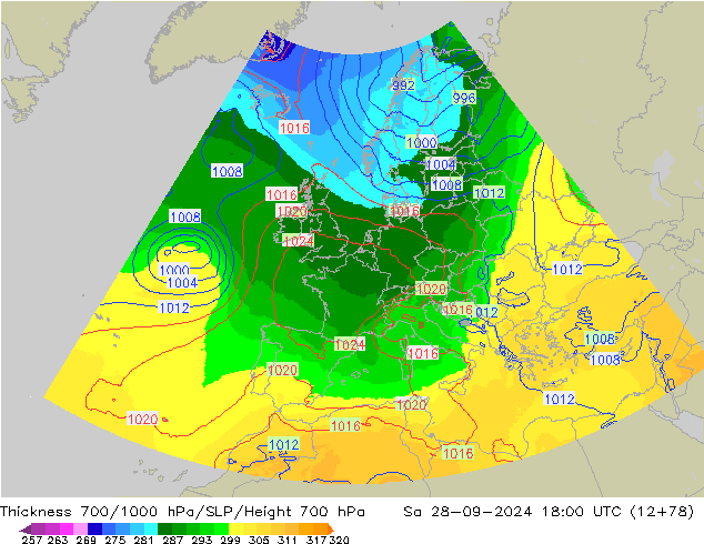 Thck 700-1000 hPa UK-Global so. 28.09.2024 18 UTC
