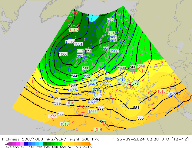 Thck 500-1000гПа UK-Global чт 26.09.2024 00 UTC