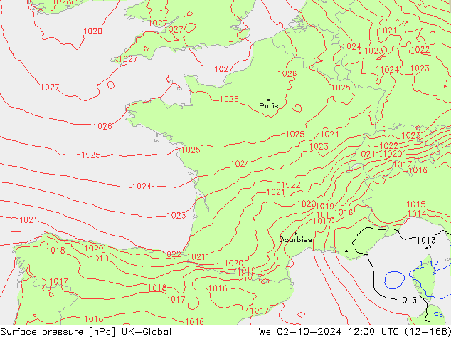 Pressione al suolo UK-Global mer 02.10.2024 12 UTC