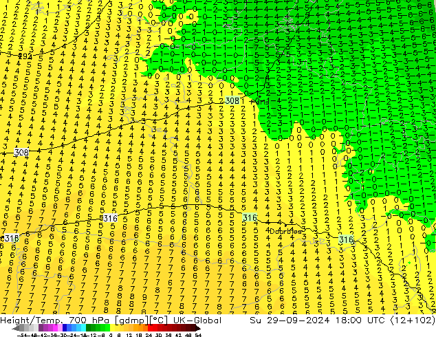 Géop./Temp. 700 hPa UK-Global dim 29.09.2024 18 UTC