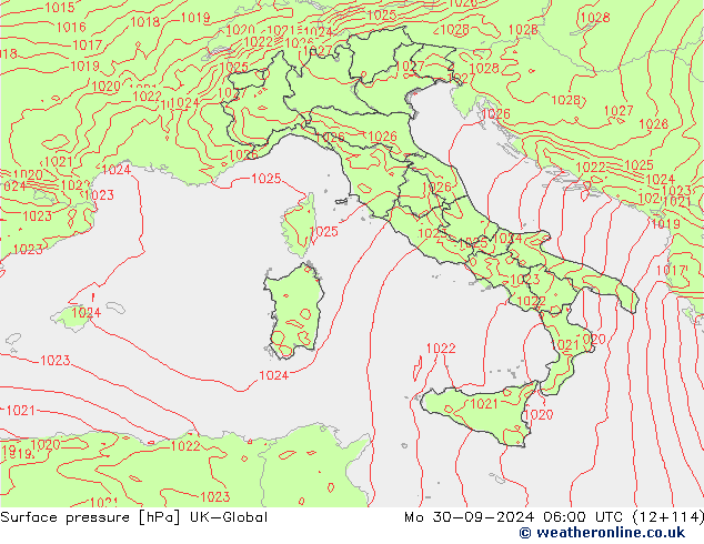 Surface pressure UK-Global Mo 30.09.2024 06 UTC