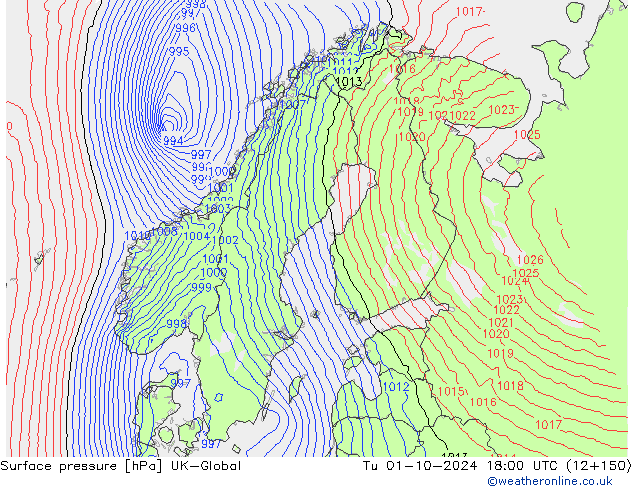 Surface pressure UK-Global Tu 01.10.2024 18 UTC