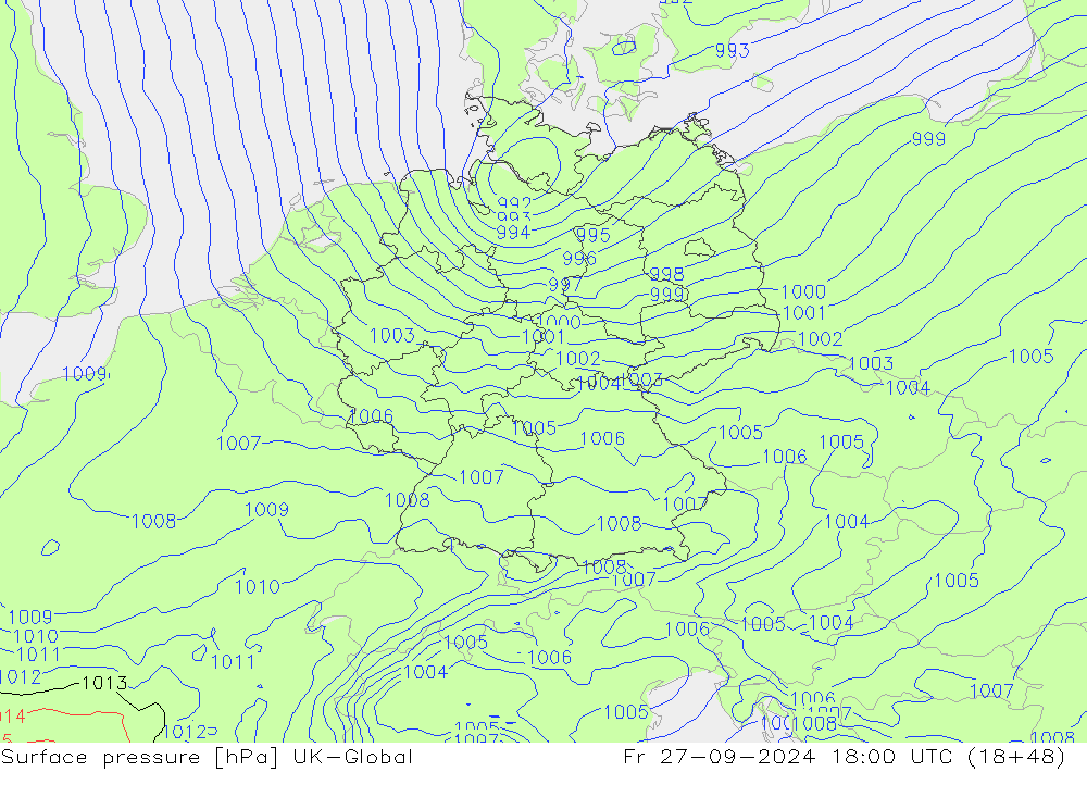 Surface pressure UK-Global Fr 27.09.2024 18 UTC