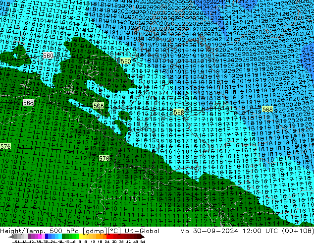 Height/Temp. 500 hPa UK-Global Mo 30.09.2024 12 UTC