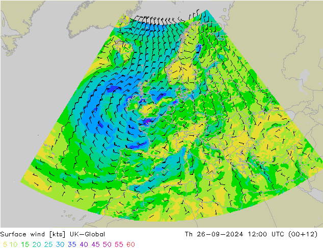 Wind 10 m UK-Global do 26.09.2024 12 UTC