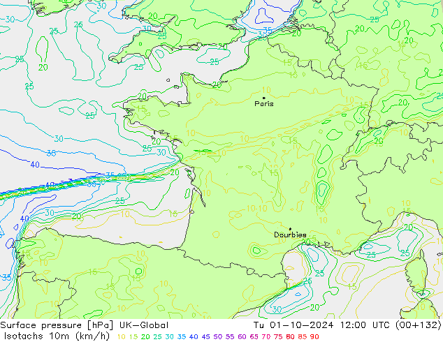 Isotachs (kph) UK-Global Út 01.10.2024 12 UTC