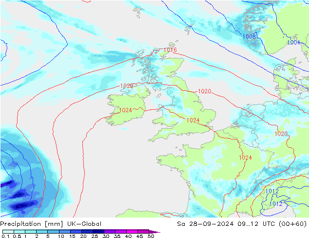 Precipitación UK-Global sáb 28.09.2024 12 UTC