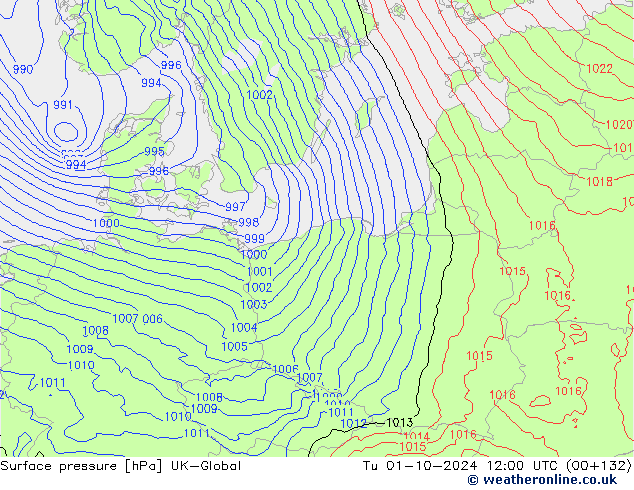 Surface pressure UK-Global Tu 01.10.2024 12 UTC