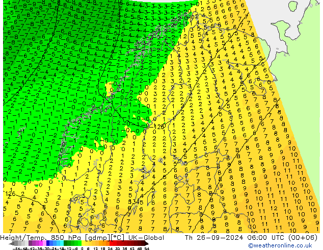 Height/Temp. 850 hPa UK-Global Th 26.09.2024 06 UTC