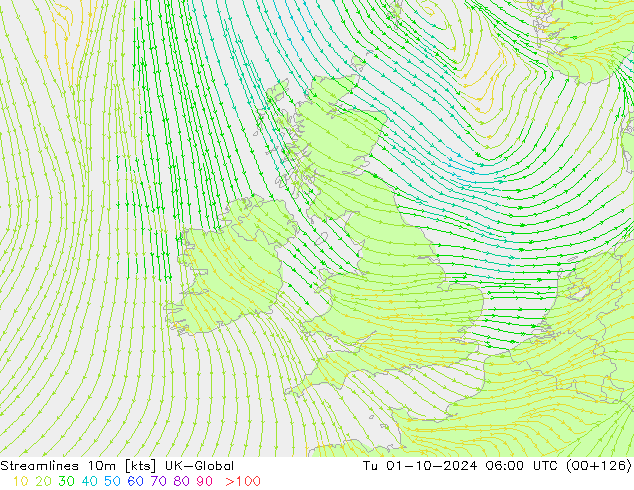 Streamlines 10m UK-Global Út 01.10.2024 06 UTC