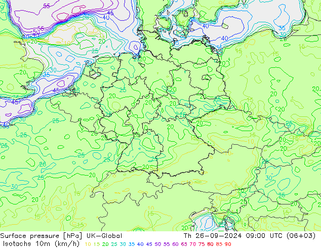 Isotachs (kph) UK-Global чт 26.09.2024 09 UTC