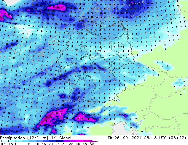 Precipitation (12h) UK-Global Th 26.09.2024 18 UTC