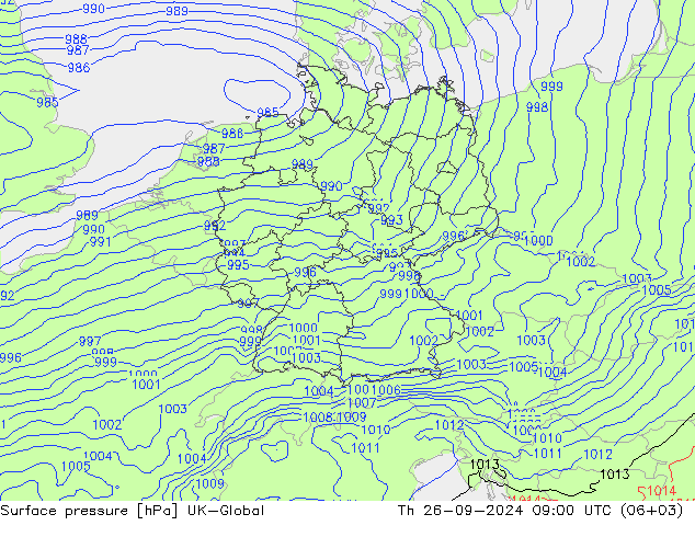 Pressione al suolo UK-Global gio 26.09.2024 09 UTC