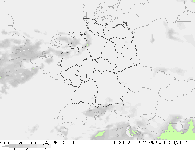 Cloud cover (total) UK-Global Th 26.09.2024 09 UTC