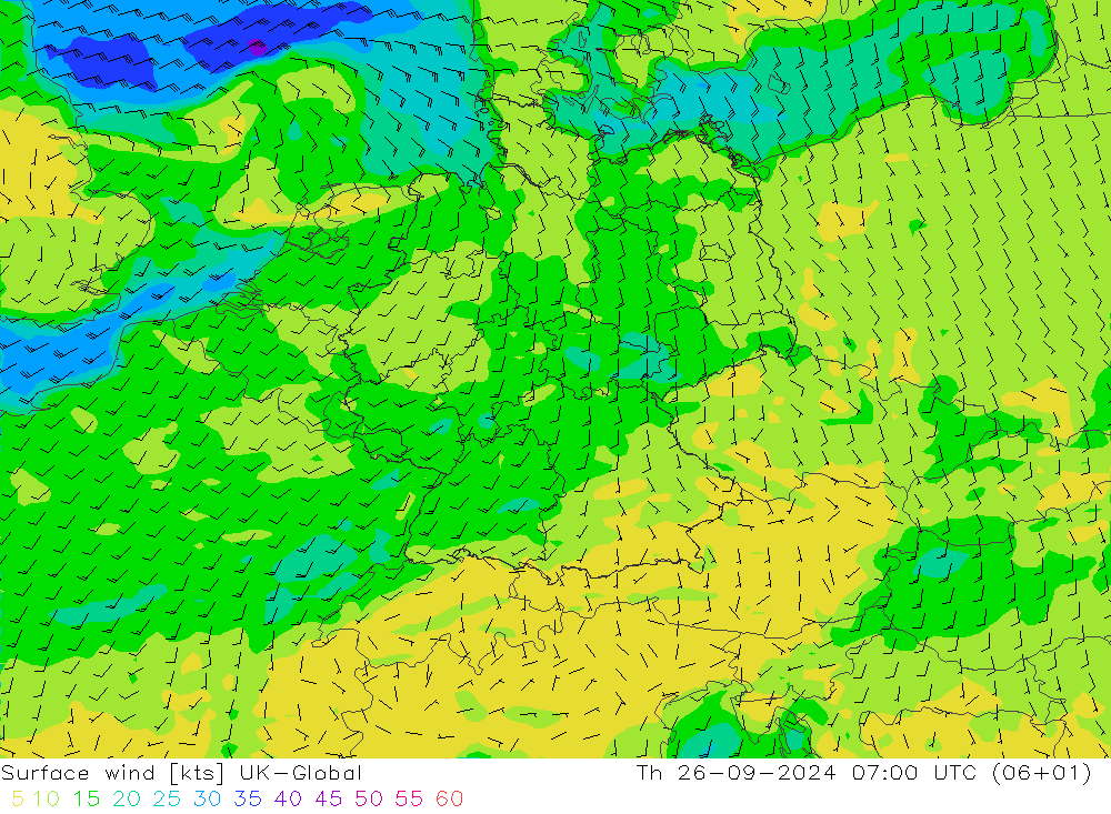 Surface wind UK-Global Th 26.09.2024 07 UTC