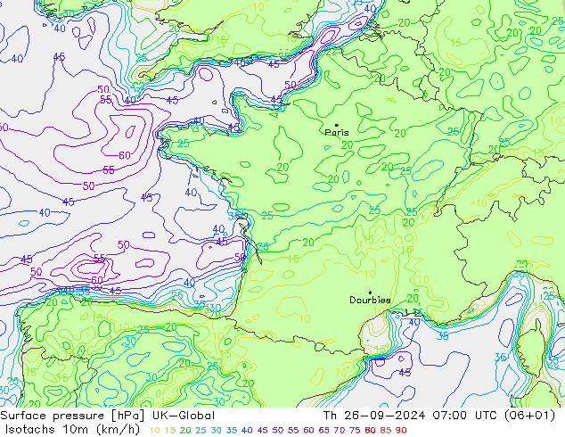 Isotaca (kph) UK-Global jue 26.09.2024 07 UTC