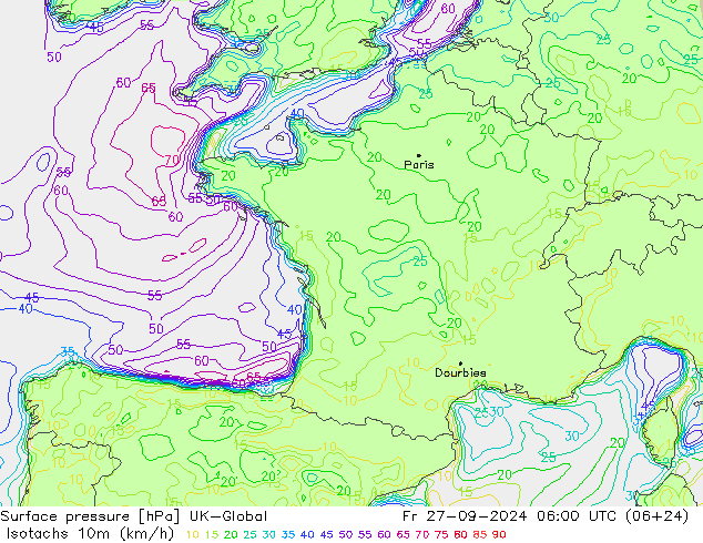 Isotachs (kph) UK-Global Fr 27.09.2024 06 UTC