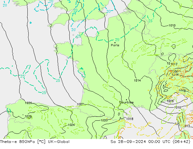 Theta-e 850hPa UK-Global za 28.09.2024 00 UTC