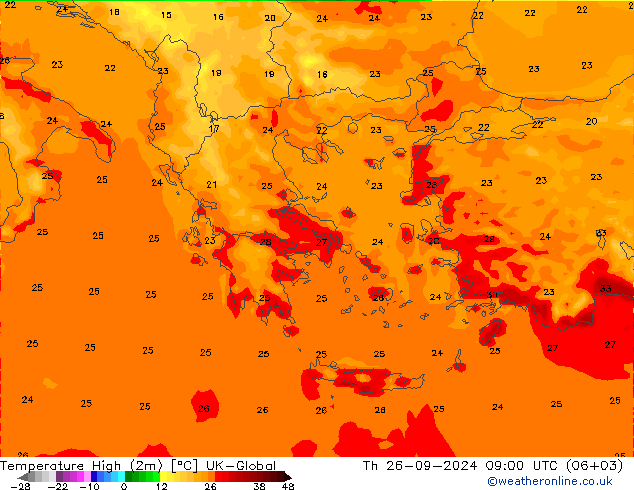 Temperature High (2m) UK-Global Th 26.09.2024 09 UTC