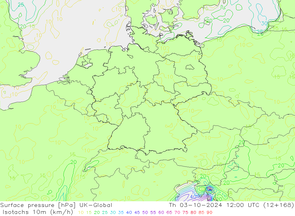 Isotachs (kph) UK-Global Th 03.10.2024 12 UTC