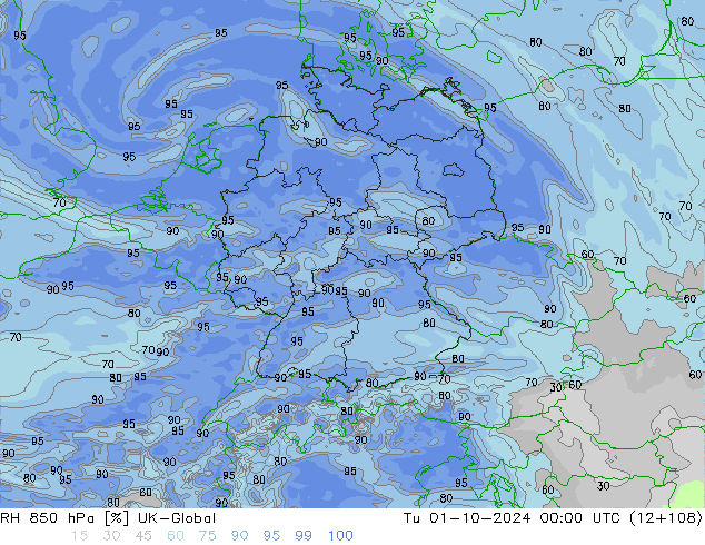 RH 850 hPa UK-Global Tu 01.10.2024 00 UTC