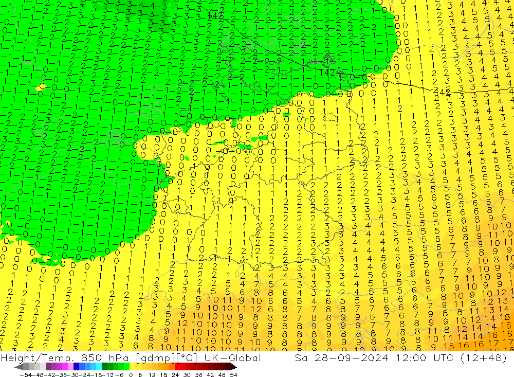 Height/Temp. 850 hPa UK-Global Sa 28.09.2024 12 UTC