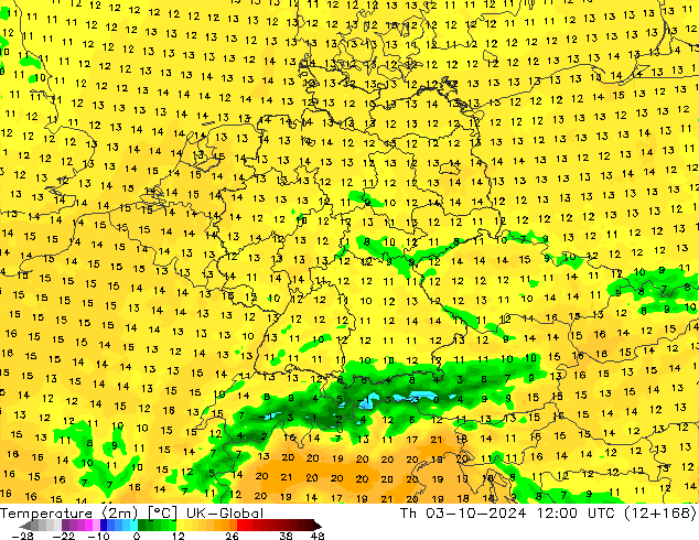 Temperature (2m) UK-Global Čt 03.10.2024 12 UTC