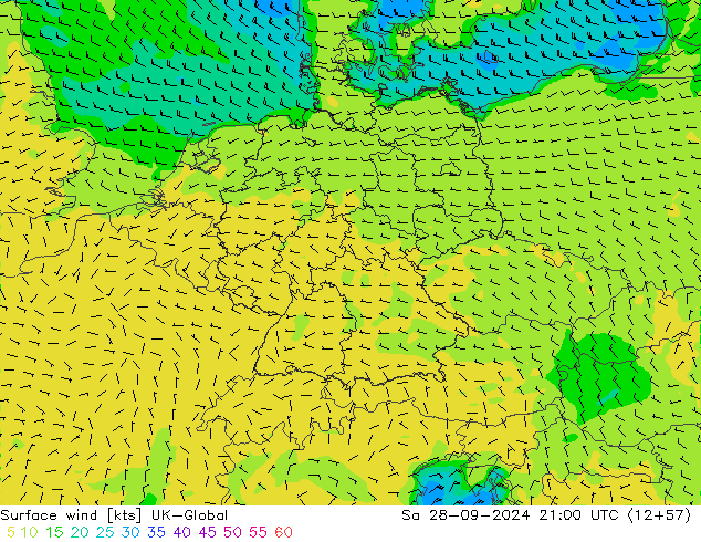 Vent 10 m UK-Global sam 28.09.2024 21 UTC