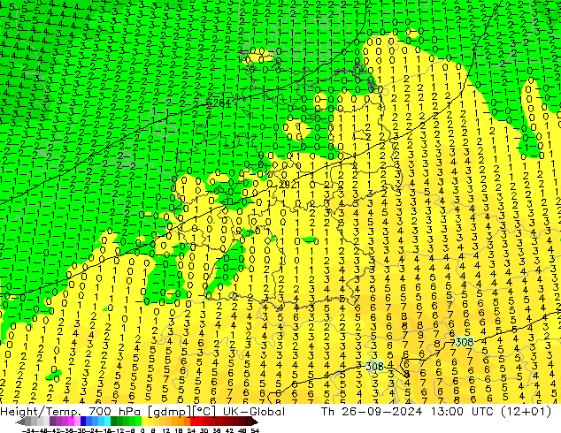 Height/Temp. 700 hPa UK-Global gio 26.09.2024 13 UTC