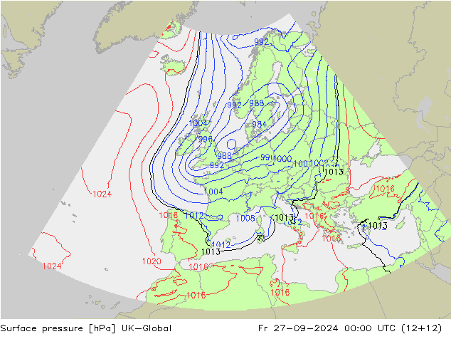 Pressione al suolo UK-Global ven 27.09.2024 00 UTC