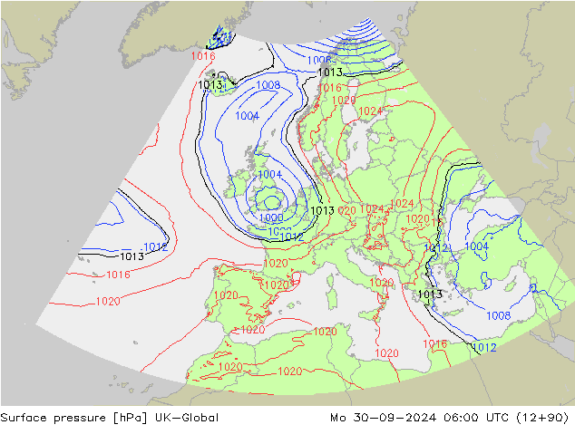 Surface pressure UK-Global Mo 30.09.2024 06 UTC