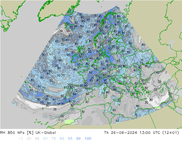 RH 850 гПа UK-Global чт 26.09.2024 13 UTC