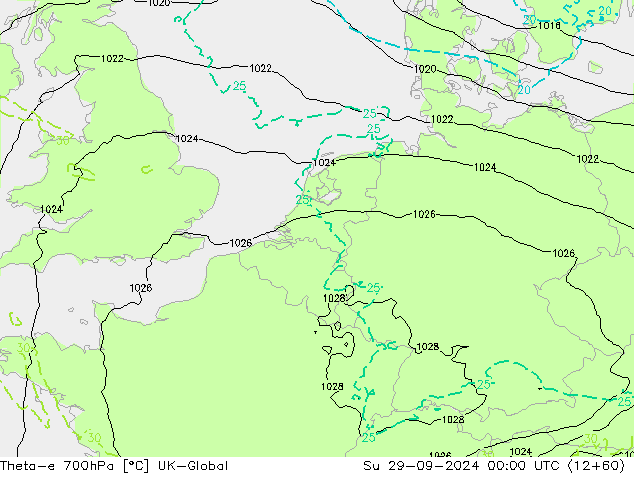 Theta-e 700hPa UK-Global So 29.09.2024 00 UTC