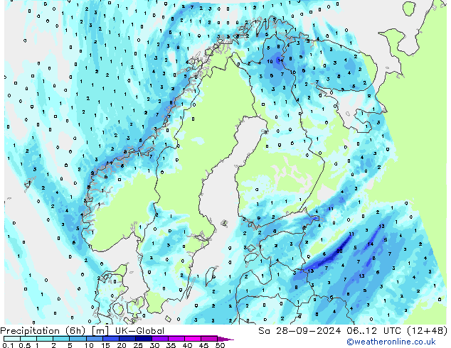 Precipitation (6h) UK-Global So 28.09.2024 12 UTC