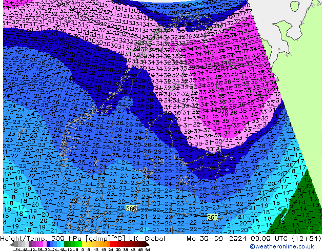 Height/Temp. 500 гПа UK-Global пн 30.09.2024 00 UTC